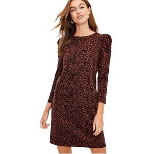 Loft Leopard Print Ruched Sleeve Shift Dress Mini Animal Brown Black SZ Medium